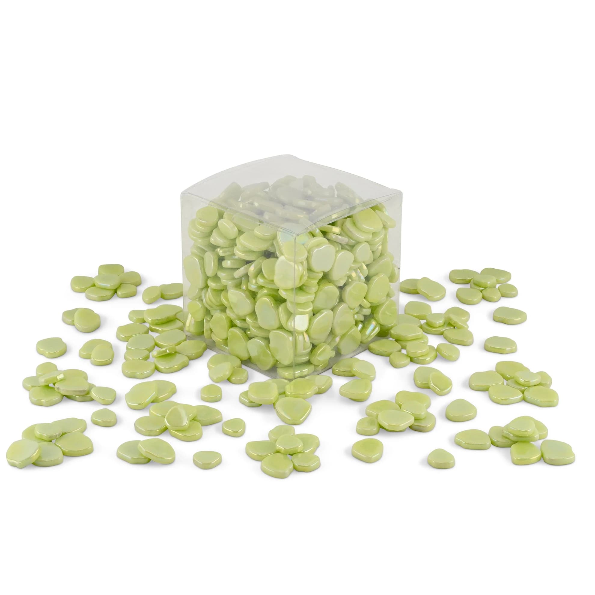 Lime Green Blossom Shaped Iridised Mixed Size Glass Pieces 1Kg